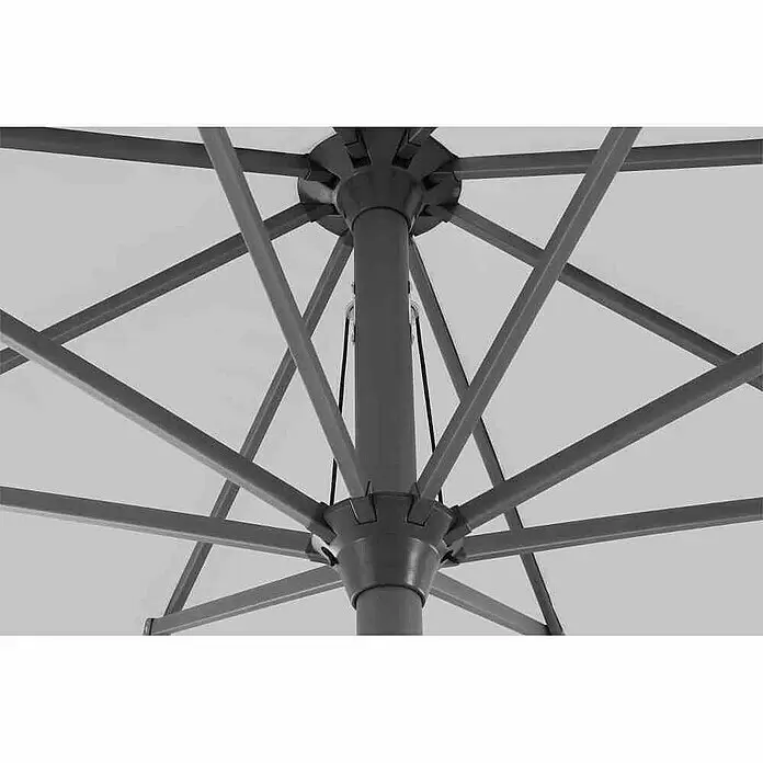 Siena Garden Marktschirm rund Avio - Stone, Durchmesser Bespannung: 350 cm - Unteransicht eines geöffneten Sonnenschirms mit dunkelgrauem Metallgestell und hellen Bespannung.