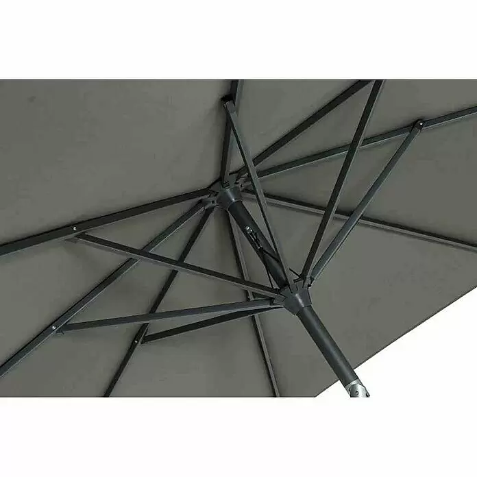 Siena Garden Marktschirm Avio - Olive, Bespannungsmaß (L x B): 300 x 200 cm - Unterseite eines grauen Terrassenschirms, mit dunklem Metallrahmen und Stützrippen.