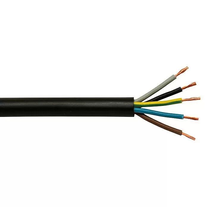 Gummileitung H07RN-F 5G2,5 mm² - H07RN-F, Anzahl Adern: 5, 2,5 mm², 5 m, Schwarz - Schwarzes Elektrokabel mit fünf freiliegenden farbigen Adern und Kupferlitzen.