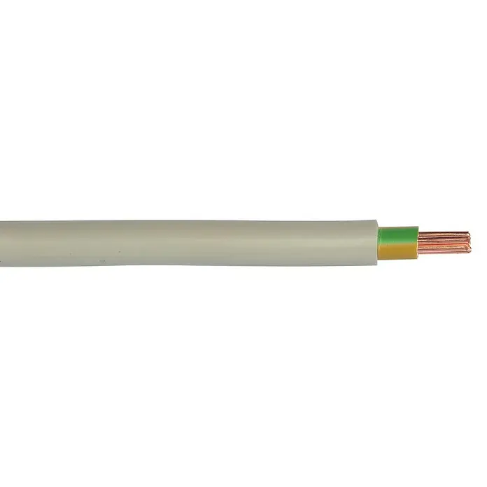 Mantelleitung NYM-J 1x16 mm² - Anzahl Adern: 1, 16 mm², 10 m - Nahaufnahme eines freiliegenden, isolierten Elektrokabels mit Kupferdraht.