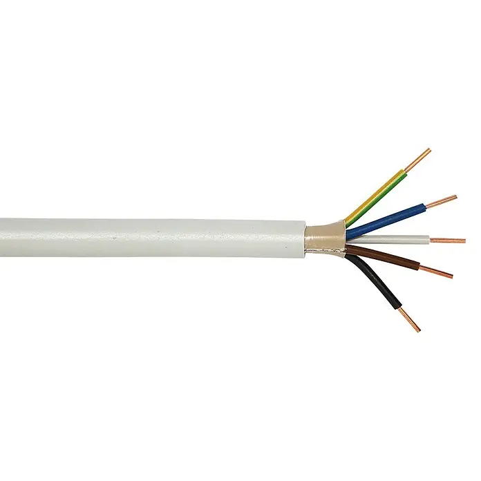 Mantelleitung Halogenfrei NHXMH-J 5x1,5 mm² - Anzahl Adern: 5, 1,5 mm², 50 m - Ein 5-adriges Elektrokabel mit weißer Isolierung und farbcodierten Adern für vielfältige Anwendungen in der Elektroinstallation.
