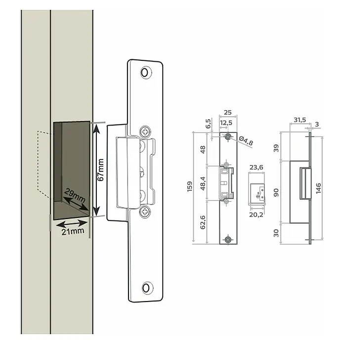 Avidsen Elektrischer Türöffner - Kurz, 12 V - Schema des elektrischen Türöffners mit Abmessungen und Montageinformationen zur einfachen Installation.
