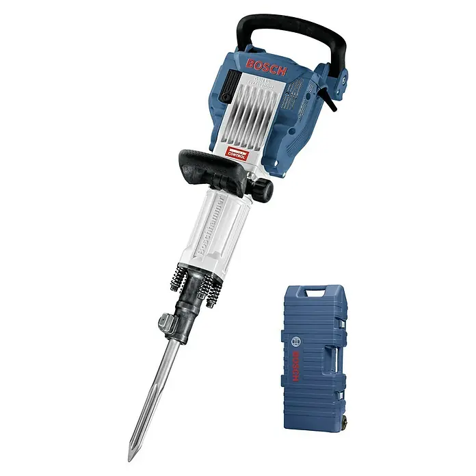 Bosch Professional Abbruchhammer GSH 16-30 - 1.750 W, 41 J, SDS-Hex-Aufnahme - Abgebildet ist ein Bosch GSH 16 Professional Abbruchhammer mit dazugehörigem Transportkoffer in Blau.