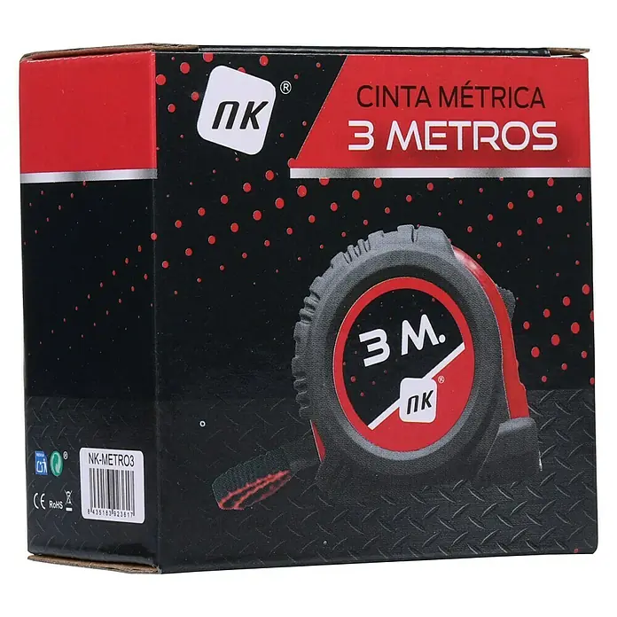 Cinta métrica extensible - Largo: 3 m, Acero - La caja de una cinta métrica NK de 3 metros, una herramienta útil para tomar medidas.