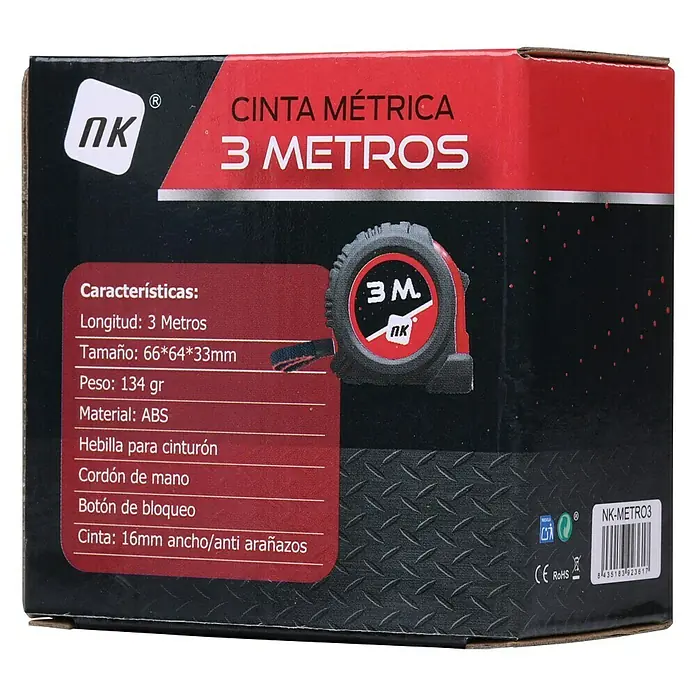 Cinta métrica extensible - Largo: 3 m, Acero - Imagen del paquete de un metro NK de 3 metros, con detalles y logotipos sobre un fondo negro y rojo.