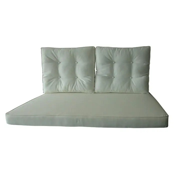 Sunfun Ersatzkissen - Natur, Passend für: Sunfun Neila 2er-Loungesofa - Nahaufnahme von weißen Outdoor-Polstern mit Knöpfen, bestehend aus Sitzkissen und zwei Rückenkissen.