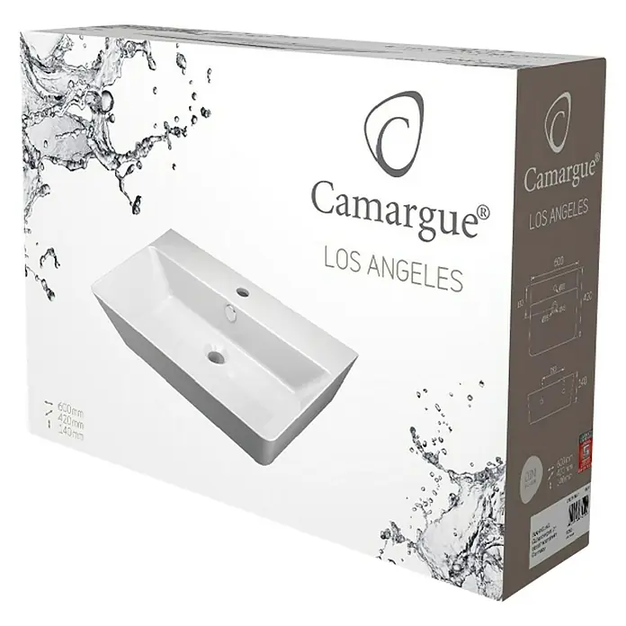 Camargue Los Angeles Waschtisch Straight - 60 x 42 cm, Ohne Spezialglasur, Hahnloch: Mitte, Mit Überlauf, Weiß - Das Bild zeigt eine Verpackung für ein Camargue Los Angeles Waschbecken, das durch sein modernes Design besticht.