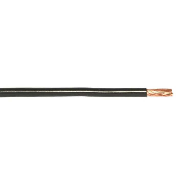 Aderleitung H07V-K 1x10 mm² - Anzahl Adern: 1, 10 m, Schwarz - Nahaufnahme eines einzelnen schwarzen Elektrokabels mit freiliegenden Kupferdrähten, das für Stromleitungen in Bau- und Elektroanwendungen verwendet wird.