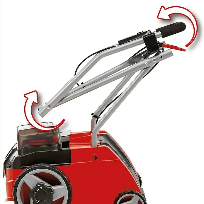 Einhell PXC 18V Escarificador de batería GC-SC 36/31 Li-Solo - Número de baterías: Sin batería, 18 V, Anchura de trabajo: 31 cm - Vista de un aireador de césped rojo con un mango plateado ajustable y flechas rojas que indican el ajuste.