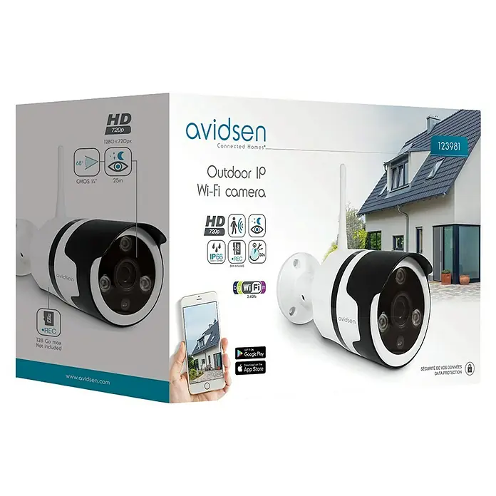 Avidsen Überwachungskamera - Schwarz, Weiß - Das Produkt ist eine Avidsen Outdoor IP Wi-Fi Kamera in der Verpackung, die hochauflösende Überwachung für Ihr Zuhause bietet.
