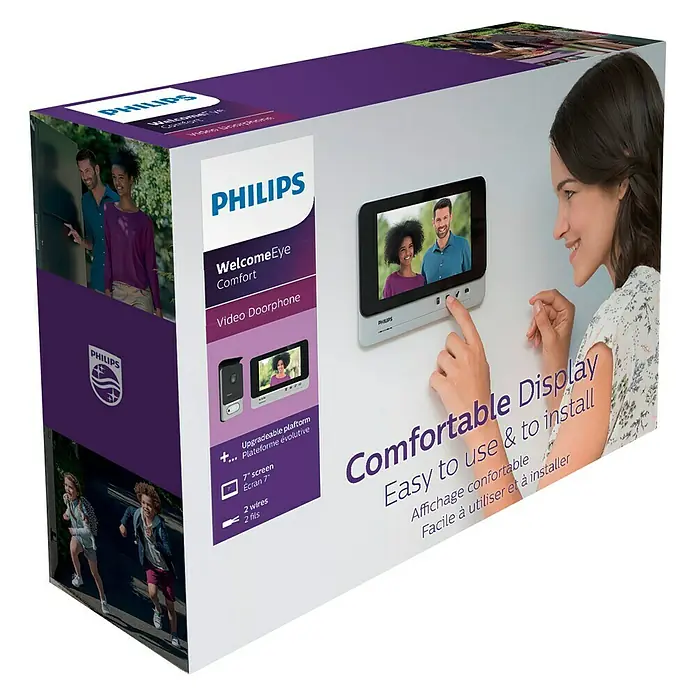 Philips WelcomeEye Farb-Video-Türsprechanlage - Bildschirmdiagonale in cm: 18 cm - Verpackung der Philips WelcomeEye Comfort Video-Türsprechanlage mit benutzerfreundlicher Oberfläche und einfacher Installation.