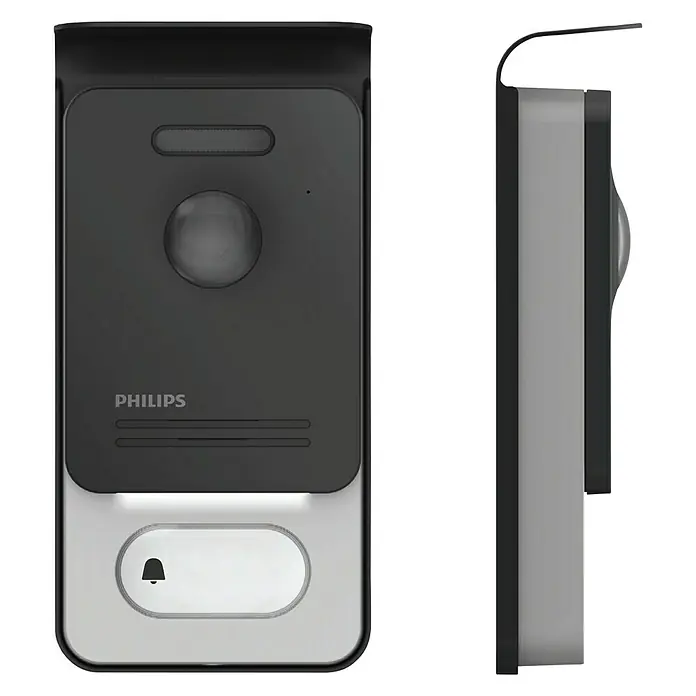 Philips WelcomeEye Farb-Video-Türsprechanlage - Bildschirmdiagonale in cm: 18 cm - Abbildung eines Philips Smart Doorbell Geräts von vorne und von der Seite. Das Gerät ist modern und schlank gestaltet.
