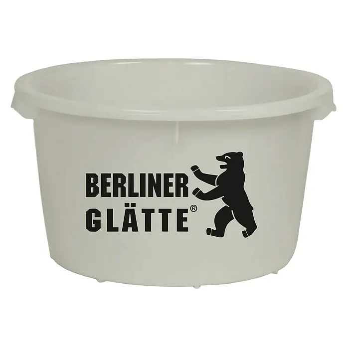 Berliner Glätte Mörtelkübel Berliner Glätte - Fassungsvermögen: 65 l - Ein weißer Eimer von Berliner Glätte mit dem Berliner Bär darauf, der für die Marke steht. Der Eimer ist leer und sauber.