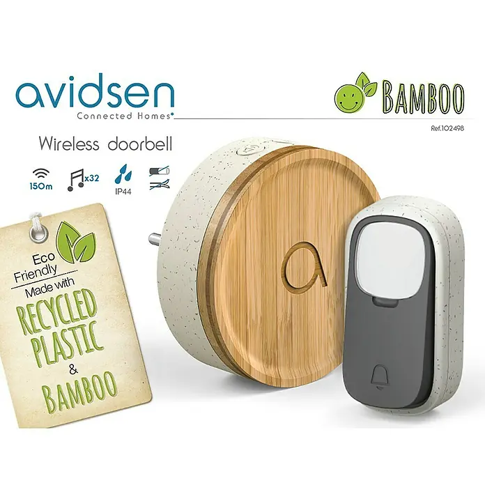 Avidsen Türklingel Bamboo - Netzbetrieben, Bambus/Grau, 70 x 80 x 80 mm - Eine Avidsen Bambus-Türklingel, die aus recyceltem Kunststoff und Bambus besteht und eine umweltfreundliche Wahl für Ihr Zuhause darstellt.