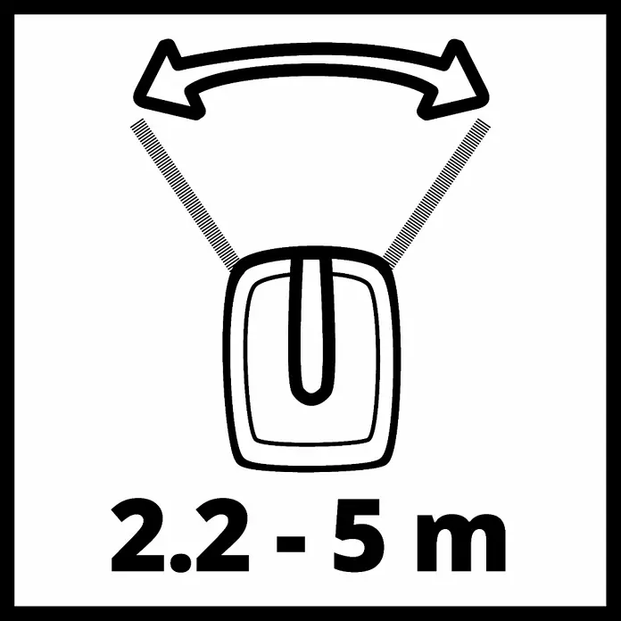 Einhell Power X-Change 18V Handstreuer GE-US 18 Li-Solo - Streubreite: 5 m, Fassungsvermögen: 3,3 l - Das Bild zeigt ein Symbol mit einem einstellbaren Träger und einer Höhenangabe von 2,2 bis 5 Metern.