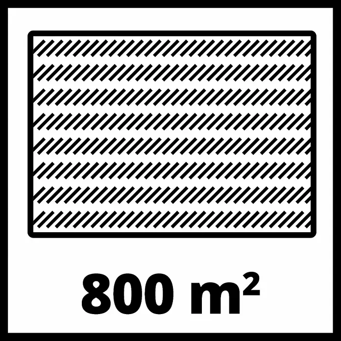 Einhell Power X-Change 18V Handstreuer GE-US 18 Li-Solo - Streubreite: 5 m, Fassungsvermögen: 3,3 l - Symbolbild für eine maximale Rasenfläche von 800 m² mit schraffierter Rasen-Illustration und Größenangabe.