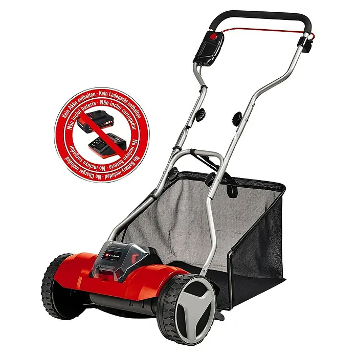 Einhell Power X-Change 18V Akku-Spindelmäher GE-HM 18/38 Li-Solo18 V, Ohne Akku, 4 Ah, Schnittbreite: 38 cm - Das Bild zeigt einen roten Einhell Akku-Vertikutierer mit einem silbernen Griff und einem schwarzen Fangkorb. Akku und Ladegerät sind nicht enthalten.