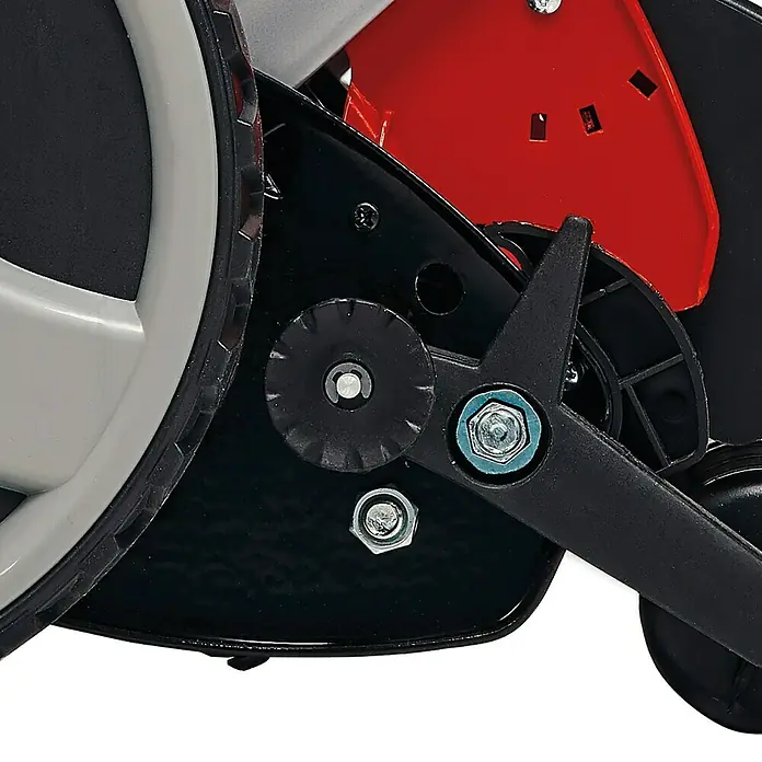 Einhell PXC 18V Cortacésped helicoidal de batería GE-HM 18/38 Li-Solo - 18 V, Sin batería, 4 Ah, Ancho de corte: 38 cm - Un primer plano que muestra la mecánica precisa de un dispositivo, destacando materiales de calidad y construcción inteligente.