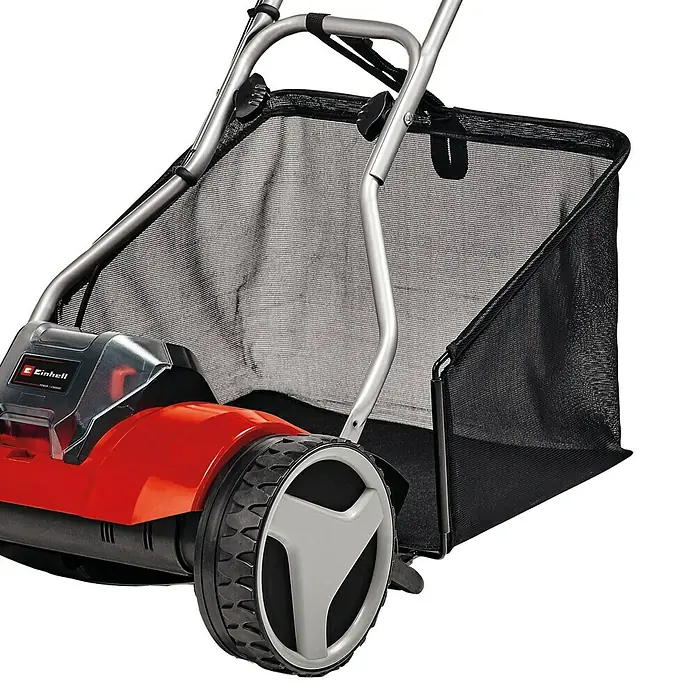 Einhell Power X-Change 18V Akku-Spindelmäher GE-HM 18/38 Li-Solo - 18 V, Ohne Akku, 4 Ah, Schnittbreite: 38 cm - Nahaufnahme eines Einhell-Rasenmähers mit Fangkorb, der für effizientes Rasenmähen und einfaches Einsammeln von Grasschnitt entwickelt wurde.