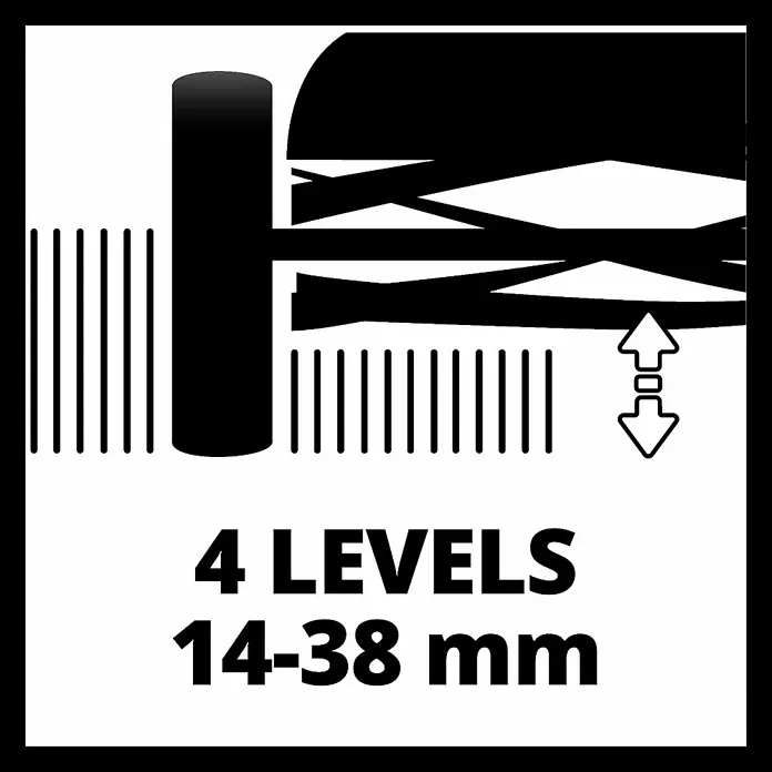 Einhell Power X-Change 18V Akku-Spindelmäher GE-HM 18/38 Li-Solo - 18 V, Ohne Akku, 4 Ah, Schnittbreite: 38 cm - Illustration einer 4-stufigen Höhenverstellung von 14-38 mm für ein Produkt.