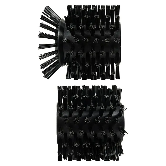 Einhell Power X-Change 18V Gartenbürsteneinsatz Medium Stein für Picobella - Nylon, Passend für: Einhell manuelle Akku-Kehrmaschine Picobella - Nahaufnahme von zwei schwarzen Reinigungsbürsten mit Borsten, die sich ideal für industrielle Reinigungsanwendungen eignen.