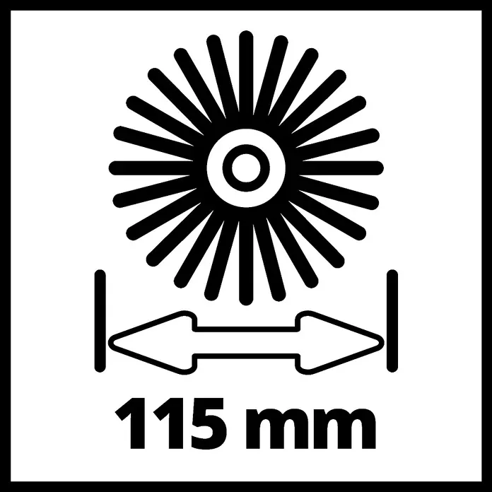 Einhell Power X-Change 18V Fugenbürste Zubehör ULTRA (Stein) - Arbeitsbreite: 195 mm, Metall - Symbol für ein Werkzeug mit einem Durchmesser von 115 mm, dargestellt mit einem stilisierten Rad und einem bidirektionalen Pfeil.