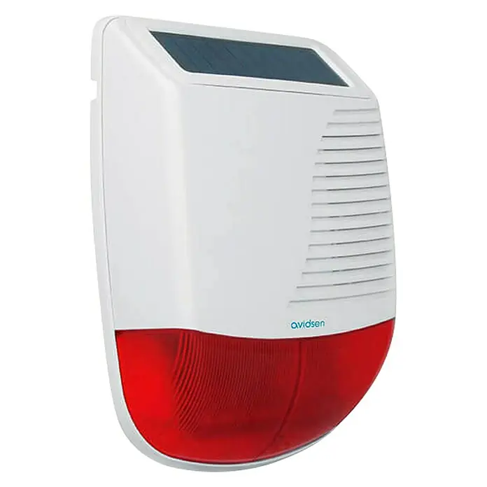 Avidsen Funk-Solaraußensirene - Passend für: Avidsen Alarm-Kit Modell 100720 & 100731, 100 dB, Außen - Eine Nahaufnahme einer Avidsen Solar-betriebenen Alarmsirene mit rotem Blitzlicht, ideal für den Außeneinsatz zur Abschreckung.