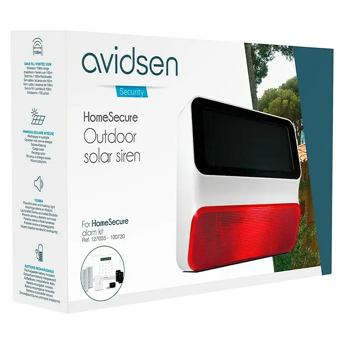 Avidsen Funk-Solaraußensirene - Passend für: Avidsen Alarm-Kit Modell 100720 & 100731, 100 dB, Außen - Abbildung der HomeSecure Outdoor Solar Sirene, die Sicherheit mit Solarenergie und kabelloser Reichweite bietet.