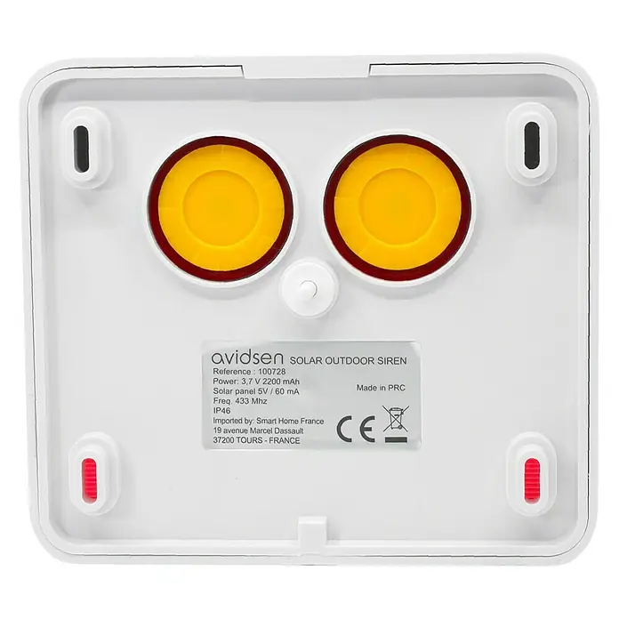 Avidsen Funk-Solaraußensirene - Passend für: Avidsen Alarm-Kit Modell 100720 & 100731, 100 dB, Außen - Nahaufnahme einer Avidsen Solar Außensirene, die eine umweltfreundliche Sicherheitslösung für Ihr Zuhause bietet.