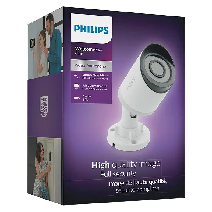 Philips WelcomeEye Überwachungskamera - Passend für: Philips Welcome Eye System, 75 ° - Verpackung der Philips WelcomeEye Cam, einer Video-Türklingel, die hochauflösende Bilder und umfassende Sicherheit bietet.