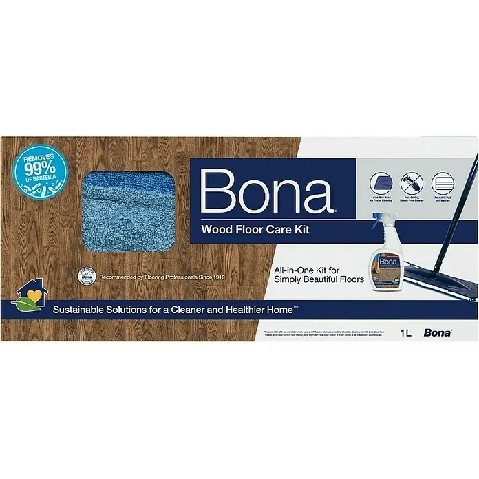 Bona Reinigungs-Set Parkett - 1 x Cleaner, 1 x Mop, 1 x Microfaser-Reinigungspad - Produktbild des Bona Holzfußbodenpflege-Kits, das eine effektive Reinigung und Pflege für Holzböden verspricht.