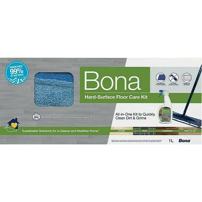 Bona Reinigungs-Set Laminat & Fliesen - 1 x Cleaner, 1 x Mop, 1 x Microfaser-Reinigungspad - Das Bona Hartbodenpflege-Set: ein All-in-One-Set für die schnelle Reinigung von Schmutz. Es enthält eine Sprühflasche und einen Mopp für die Bodenpflege.