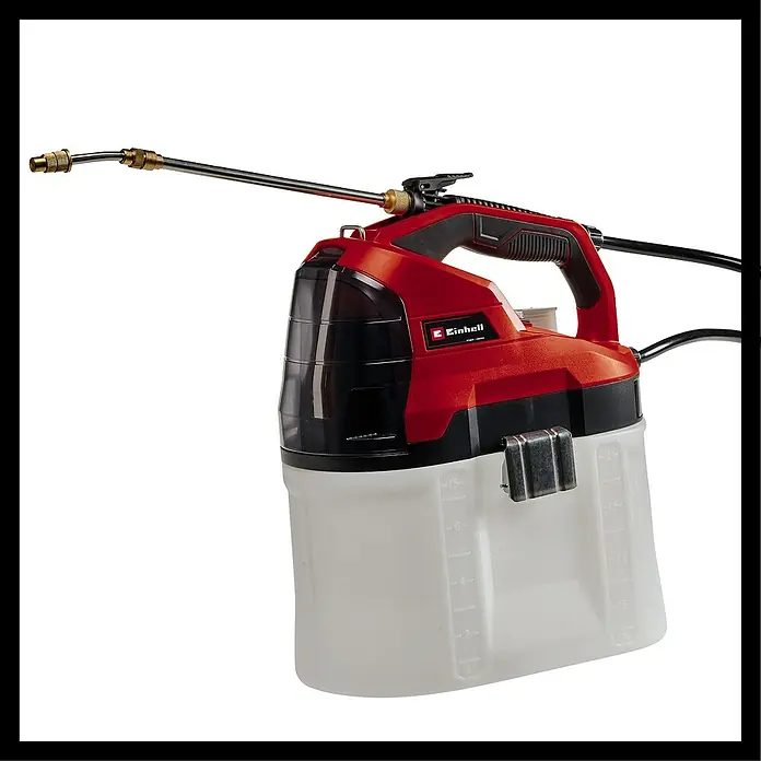 Einhell Power X-Change 18V Akku-Sprühgerät GE-WS 18/75 LI-SOLO - 18 V, Ohne Akku, Füllmenge: 7,5 l - Einhell Akku-Drucksprüher mit Tank. Das Gerät ist rot-schwarz und hat einen transparenten Tank mit Füllstandsanzeige.