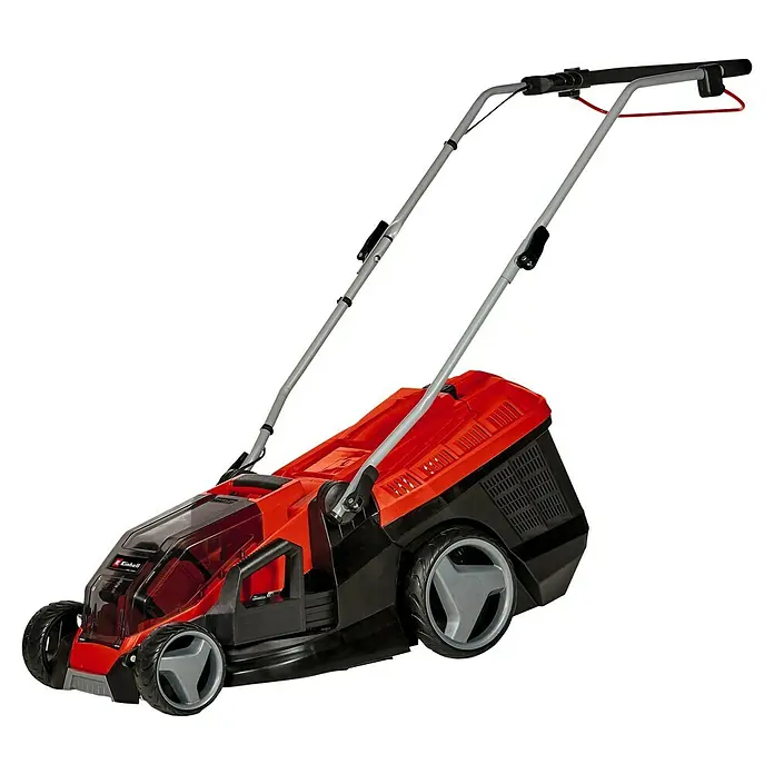 Einhell Power X-Change 18V Akku-Rasenmäher GE-CM 36/36 LI - 18 V, 2 Akkus, 4 Ah, Schnittbreite: 36 cm - Hier ist ein roter und schwarzer Akku-Rasenmäher.