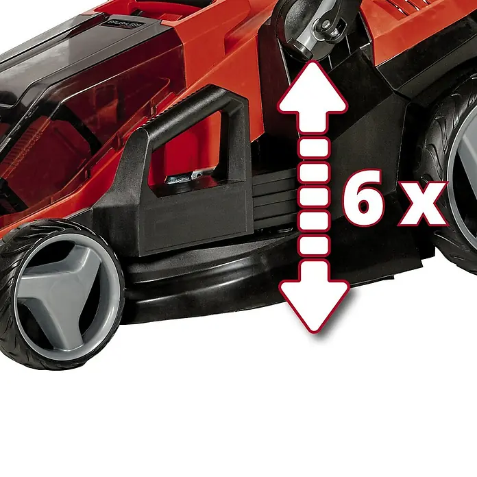 Einhell Power X-Change 18V Akku-Rasenmäher GE-CM 36/36 LI - 18 V, 2 Akkus, 4 Ah, Schnittbreite: 36 cm - Nahaufnahme des Rasenmähers, die die 6-fache Höhenverstellung hervorhebt, die für präzises Trimmen sorgt.