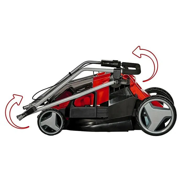 Einhell Power X-Change 18V Akku-Rasenmäher GE-CM 36/36 LI - 18 V, 2 Akkus, 4 Ah, Schnittbreite: 36 cm - Bild eines Rasenmähers mit einklappbarem Griff, der die einfache Lagerung des Geräts ermöglicht.