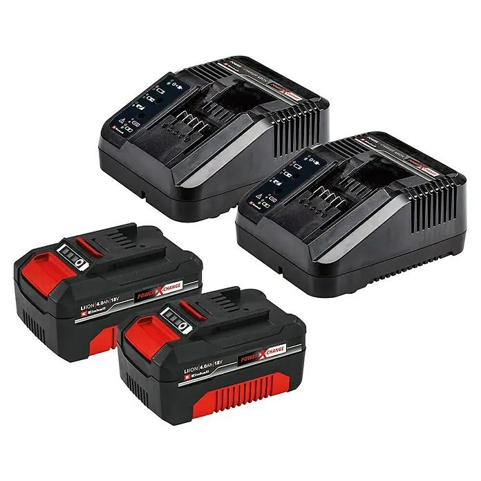 Einhell Power X-Change 18V Akku-Rasenmäher GE-CM 36/36 LI - 18 V, 2 Akkus, 4 Ah, Schnittbreite: 36 cm - Abbildung eines Einhell Power X-Change Akku-Sets, bestehend aus zwei 18V 4.0Ah Akkus und zwei Ladegeräten für Werkzeuge.