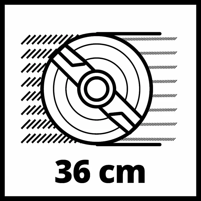 Einhell Power X-Change 18V Akku-Rasenmäher GE-CM 36/36 LI - 18 V, 2 Akkus, 4 Ah, Schnittbreite: 36 cm - Darstellung eines 36 cm großen Schneidetellers, ideal für diverse Schneidearbeiten. Robust und präzise für optimale Ergebnisse.