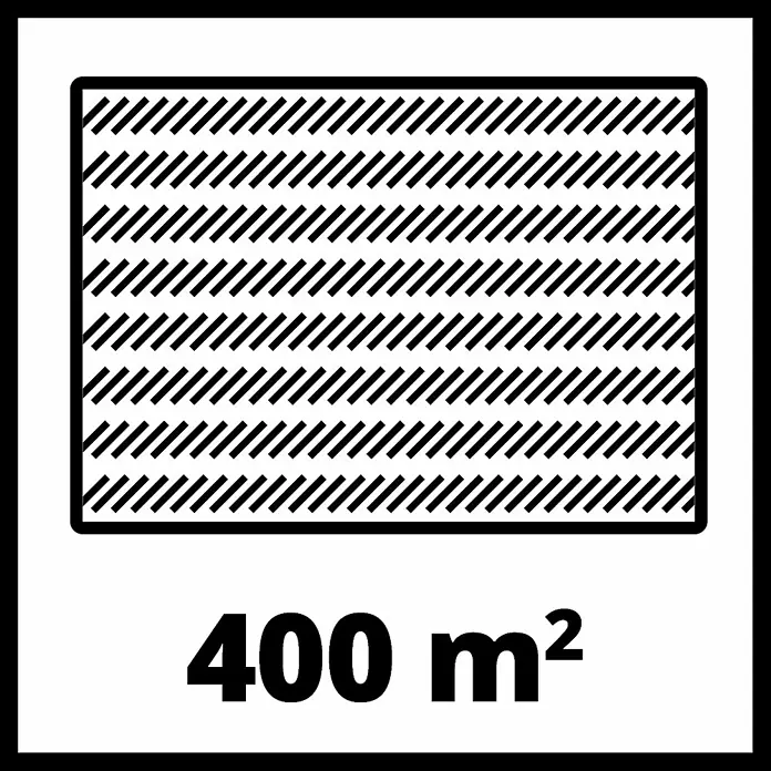 Einhell Power X-Change 18V Akku-Rasenmäher GE-CM 36/36 LI - 18 V, 2 Akkus, 4 Ah, Schnittbreite: 36 cm - Symbol für eine empfohlene Rasenfläche von 400 m², dargestellt durch eine schraffierte Fläche und die Angabe der Quadratmeterzahl.