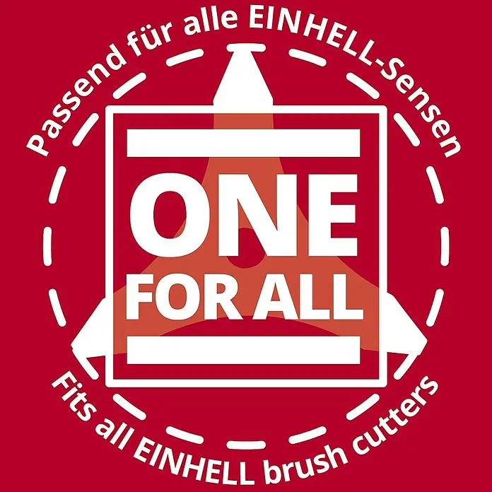 Einhell 3-Zahn-Dickichtmesser - Durchmesser: 255 mm, Höhe: 2,5 mm - Ein rotes Logo mit dem Text "Passend für alle EINHELL-Sensen" und "Fits all EINHELL brush cutters" um ein weißes Quadrat mit "ONE FOR ALL".