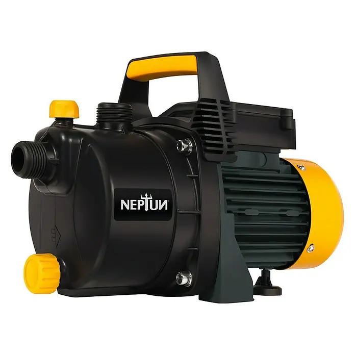 Neptun Bomba de agua para jardín NGP-E 68 - 680 W, Capacidad de bombeo máx.: 3.800 l/h, Altura de aspiración máx.: 8 m - Imagen de una bomba de jardín negra con detalles amarillos y asa de transporte. Ideal para riego.