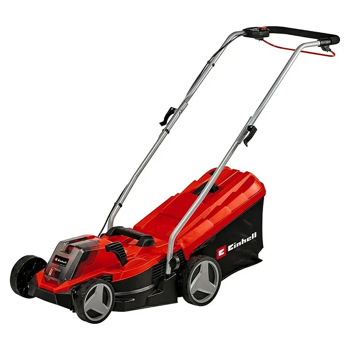 Einhell PXC 18V Cortacésped de batería GE-CM 18/33 Li - 18 V, 1 batería, 4 Ah, Ancho de corte: 33 cm - Un cortacésped inalámbrico rojo Einhell con mango color plata sobre un fondo negro. La herramienta está diseñada para el cuidado del césped.