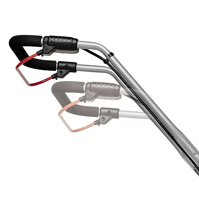 Einhell PXC 18V Cortacésped de batería GE-CM 18/33 Li - 18 V, 1 batería, 4 Ah, Ancho de corte: 33 cm - Primer plano del mango de un equipo para el cuidado del césped, que ofrece comodidad y control para operar el dispositivo.