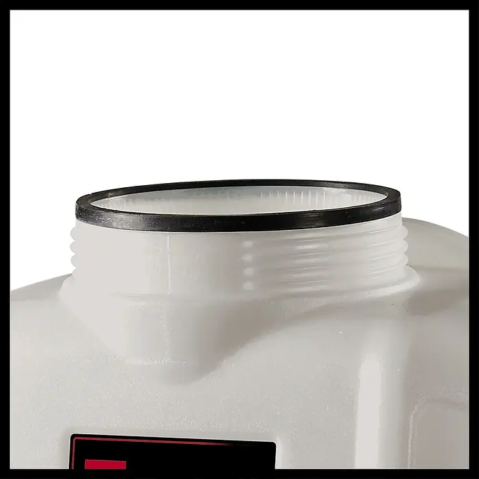 Einhell Power X-Change 18V Drucksprühgerät GE-WS 18/150 Li-Solo - Betriebsdruck: 4,5 bar, Kunststoff - Nahaufnahme eines Behälters mit einem schwarzen O-Ring auf dem Gewinde. Ideal für chemische oder industrielle Anwendungen.