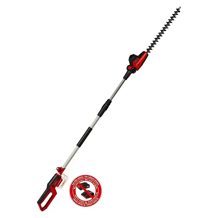 Einhell Power X-Change 18V Teleskop-Heckenschere GC-HH 18/45 LI T-SO - 18 V, Li-Ionen, Ohne Akku, Schnittlänge: 41 cm - Abbildung einer roten Akku-Teleskop-Heckenschere mit schwarzem Schneidkopf, ideal zum Schneiden hoher Hecken.
