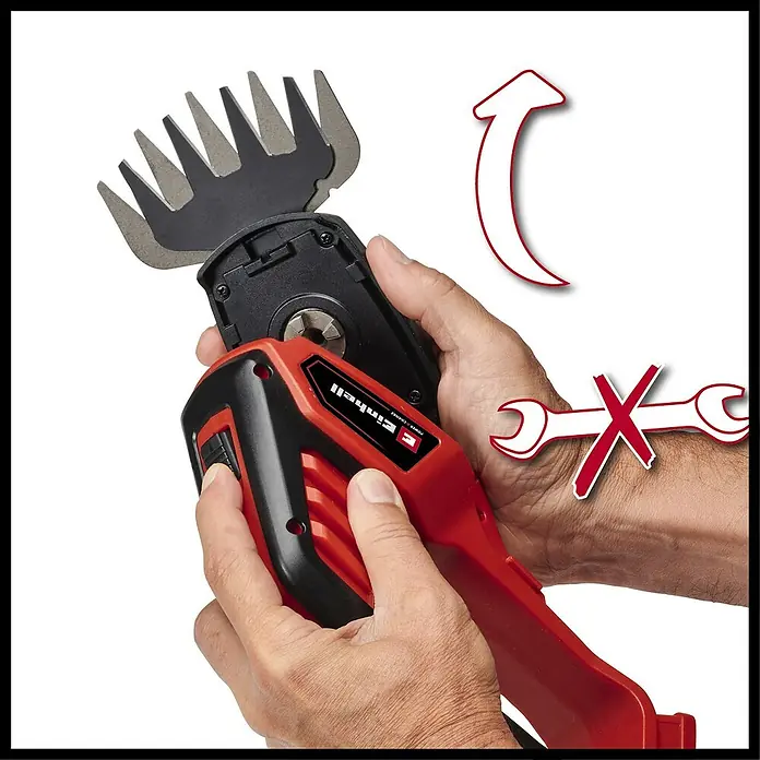 Einhell Power X-Change 18V Akku-Gras- & Strauchschere GE-CG 18/100 Li-Solo - 18 V, Ohne Akku - Detailaufnahme einer Einhell Akku-Gras- und Strauchschere. Die Werkzeuglose Messerwechsel-Funktion wird hervorgehoben.