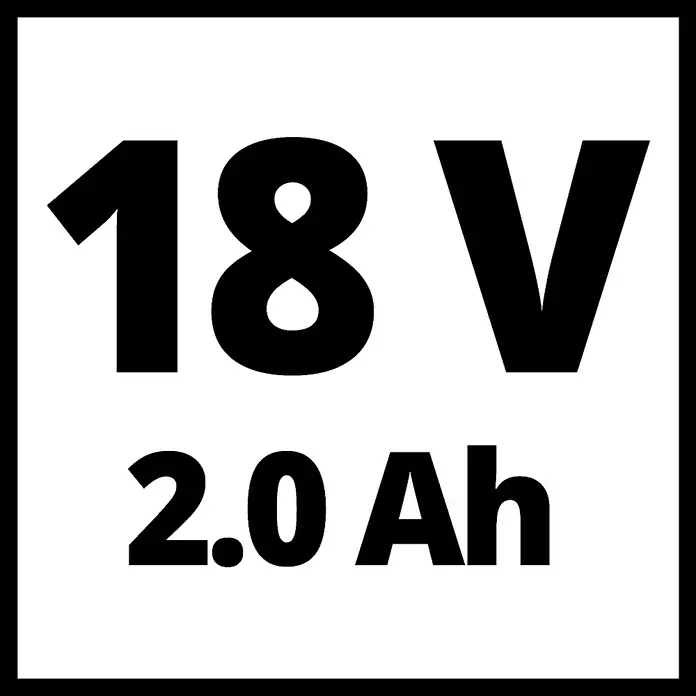 Einhell Power X-Change 18V Akku-Rasentrimmer - 18 V, 2 Ah, Li-Ionen, 1 Akku, Schnittbreite Messer: 24 cm - Produktabbildung mit der Aufschrift "18 V 2.0 Ah", die die Spannung und Kapazität des Akkus angibt.\n