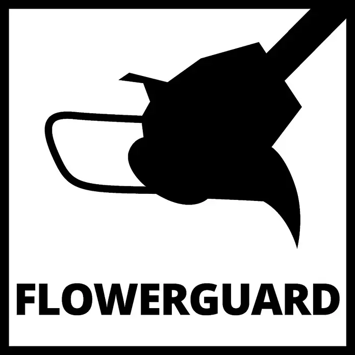 Einhell Power X-Change 18V Akku-Rasentrimmer - 18 V, 2 Ah, Li-Ionen, 1 Akku, Schnittbreite Messer: 24 cm - Schwarze Grafik von "Flowerguard" mit einer detaillierten Gartenschere, ideal für den Pflanzenschutz.