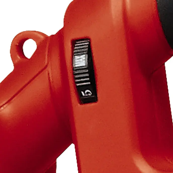 Einhell PXC 18V Soplador/Aspirador de batería 36/230 LI E-SOLO - 18 V, Sin batería, Potencia de soplado: 225 m³/h, Velocidad de soplado: 230 km/h - Primer plano de una pulidora roja con un selector de control de velocidad ajustado al nivel 5 para velocidades de pulido variables.