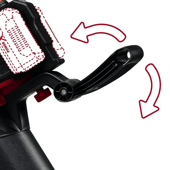 Einhell PXC 18V Soplador/Aspirador de batería 36/230 LI E-SOLO - 18 V, Sin batería, Potencia de soplado: 225 m³/h, Velocidad de soplado: 230 km/h - Primer plano de un componente ajustable en un producto, que muestra un ajuste flexible.\n